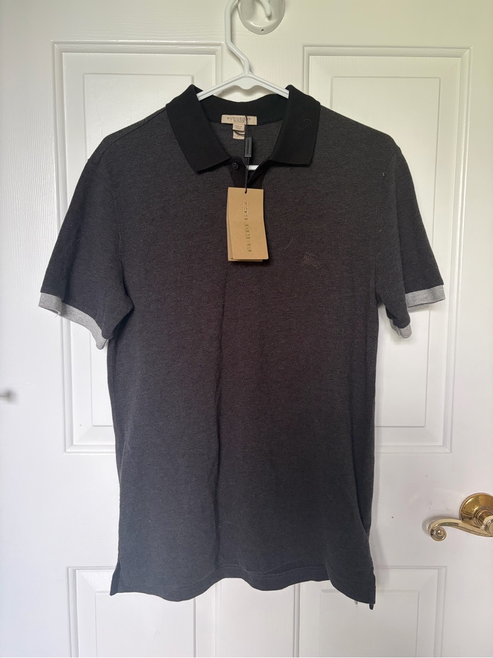 Burberry Men's Charcoal Gray Polo with Black Collar